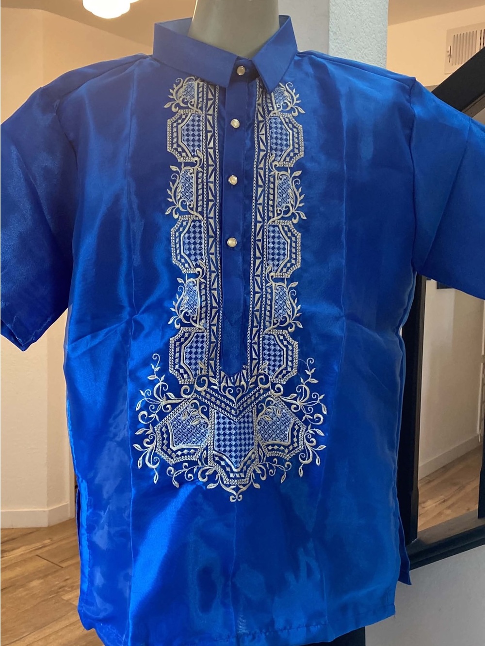 Men's Barong Tagalog Embroidered Short-Sleeve Polo in Blue